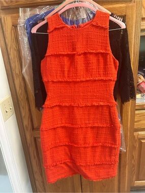 J Crew bight red dress with tweed fabric and fringe detail, size 4